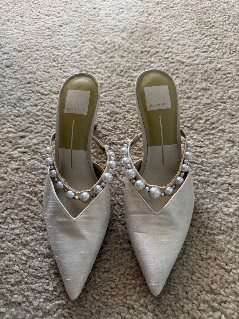 Dolce Vita Cream Pointed Pearl-Trim Mules